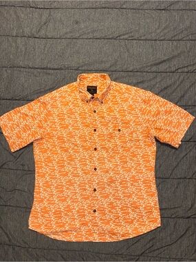 Y2K Woolrich Lobster Mill Men's L Orange/White Fish Print SS Shirt